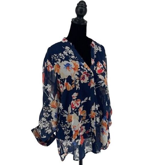 KUT From The Kloth Womens‎ Floral Sheer Tunic Blouse Navy Multicolor Size Medium - Picture 1 of 8